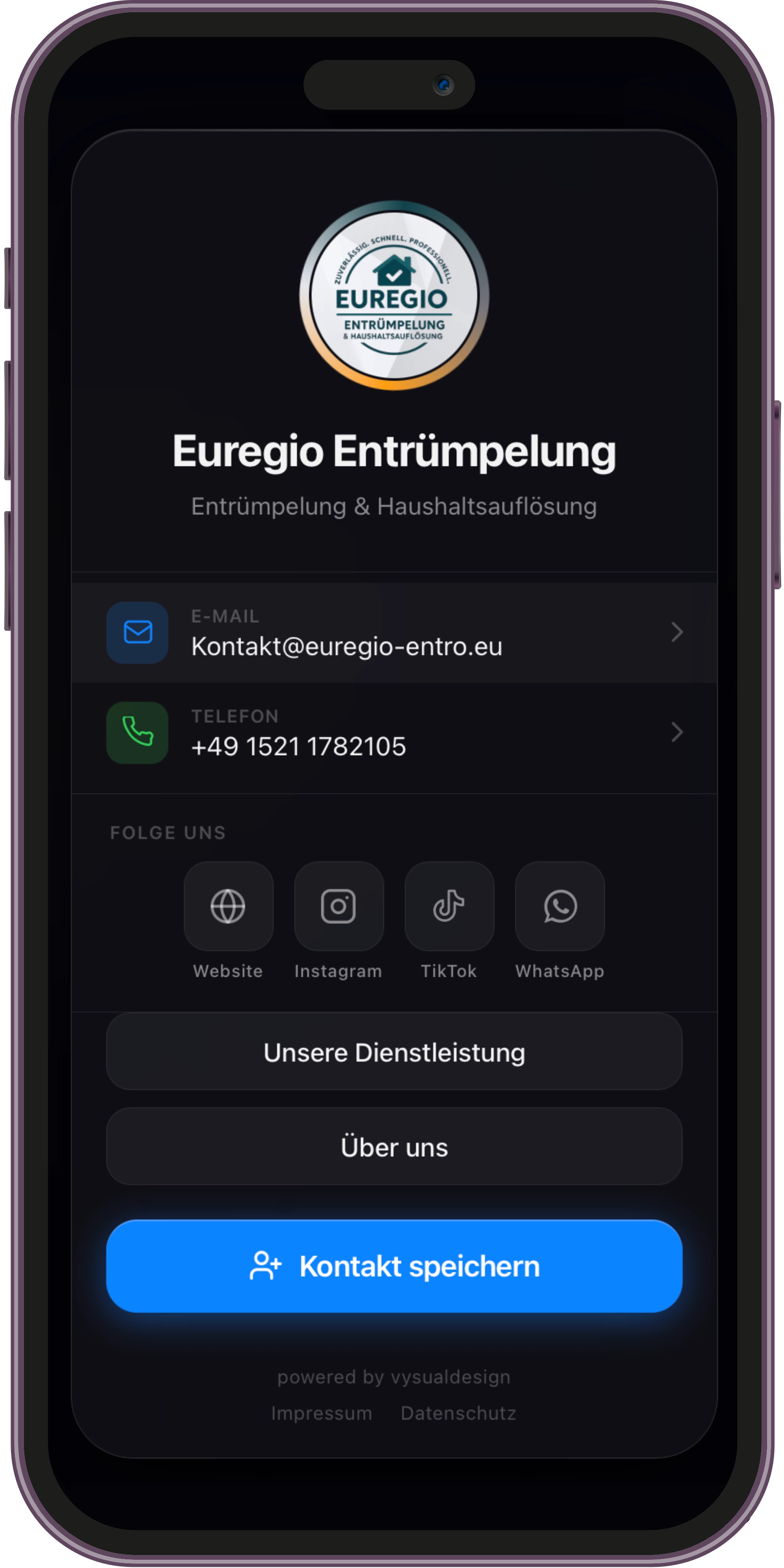 Digitale Visitenkarte NFC Tag – Euregio Entrümpelung mit Call-to-Action Buttons