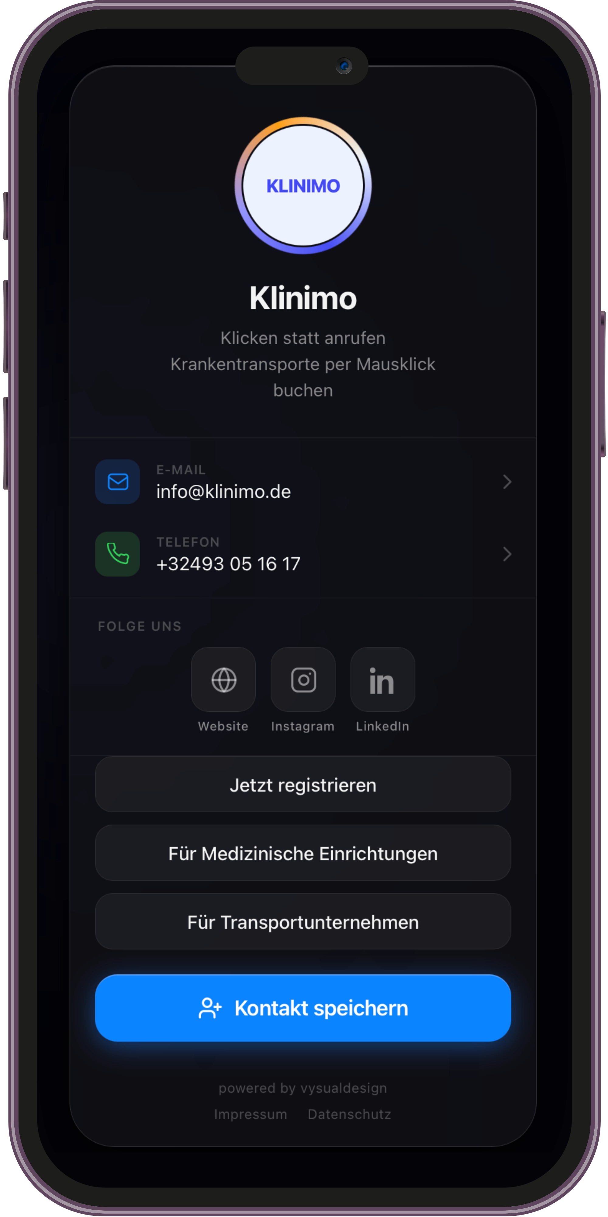Digitale Visitenkarte NFC Tag – Klinimo dunkles Design Social Media